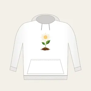Seedling Reaching for Sunbeams Hoodie in white: A young seedling stretches toward warm sunbeams in cream, green and brown.