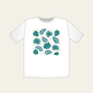Palm Leaves and Little Bones T-Shirt in white: Palm leaves and small bones in teal and cream, scattered all over.