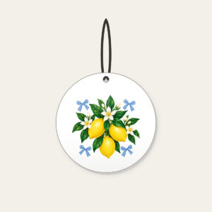 Lemons with Gingham Corners Ceramic Ornament in white: Bright yellow lemons and deep green leaves on a clean white ground, tucked with small blue gingham accents.