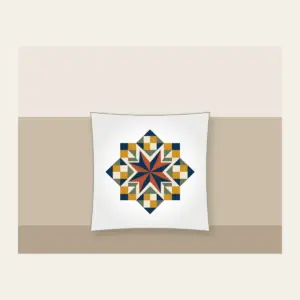 Star Medallion Patchwork Pillow in white: An eight-point star medallion in navy, cream and rust with mustard and sage patchwork squares.
