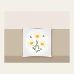 Three Daisies in Butter Yellow Pillow in white: Three daisies with tiny leaves in cream, butter yellow and sage.