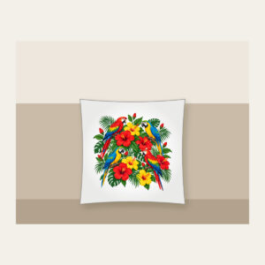 Parrots Among Red Hibiscus Pillow in white: Parrots perch among hibiscus flowers in red, green and yellow.
