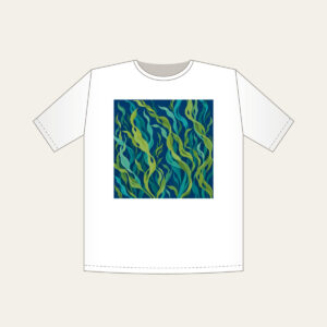 Swaying Kelp Ribbons on Deep Blue T-Shirt in white: Long kelp ribbons in green and teal sway across a deep blue background.