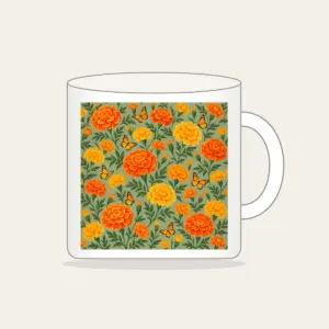Marigolds and Butterflies on Sage Mug in white: An all-over repeat of marigolds and small butterflies in orange and yellow on a sage ground.