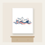 Folded Paper Boat on Navy Waves Canvas Print in white: A folded paper boat on fine-lined waves in navy and coral.