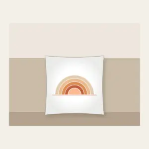 Stepped Arc Sunrise Over the Horizon Pillow in white: A rising sun built from five stepped arcs in apricot, rust and sand above one thin horizon line.