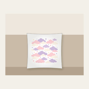 Lilac Cloud Rows Pillow in white: Rows of clouds in lilac, blush and cream with small stars between.