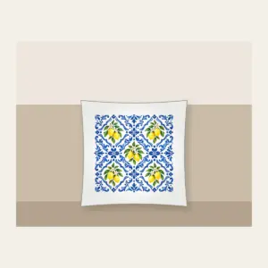 Cobalt Mediterranean Tiles with Lemons Pillow in white: An all-over repeat of Mediterranean-style tiles in cobalt and white with small lemon accents.