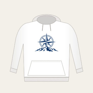 Compass Rose over a Ridge Line Hoodie in white: A compass rose rests over a simple ridge line in navy and white.
