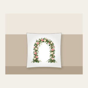 Rose and Ivy Garden Arch Pillow in white: An arch of climbing roses and ivy in blush, deep green and cream, leaving generous open space in the middle.