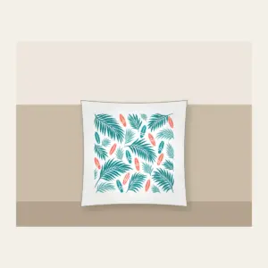Palm Shadows and Tiny Surfboards Pillow in white: Palm-leaf shadows and tiny surfboards in teal and coral on cream.
