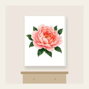 Full-Blown Peony with Green Leaves Canvas Print in white: A full-blown peony in blush and coral with deep green leaves.