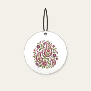 Plum and Olive Paisley Garden Ceramic Ornament in white: A paisley garden pattern with small flowers in plum, rose and olive on cream.