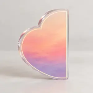 Dawn Gradient Heart Plaque with a left-half heart plaque printed with a dawn gradient of peach, rose and soft violet, a thin cream border