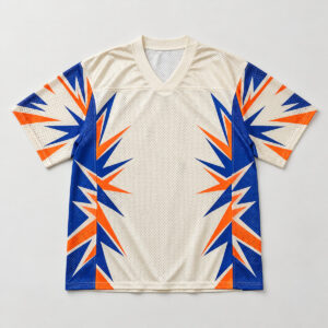 Starburst Mesh Football Jersey with a starburst pattern on mesh side panels in cobalt and orange over a cream body