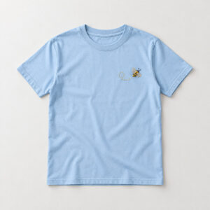 Embroidered Bee Flight Tee with small embroidered bee with a dotted flight path in gold and charcoal thread on the left chest