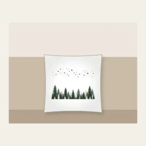 Pine Silhouettes under Scattered Stars Pillow in white: A band of pine silhouettes runs along the lower edge beneath a drift of tiny stars in slate, forest green and cream.