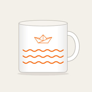 Paper Boat on Ripples Mug in white: A folded paper boat on three ripple lines in white and orange.