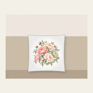Blush Peony Gradient Pillow in white: All-over peonies drift across a gradient from blush to sage, joined by fine leaf lines.