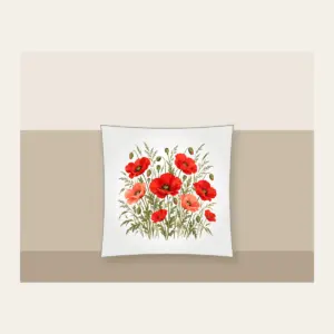 Poppies and Tall Grasses on Cream Pillow in white: Red and coral poppies stand among tall olive grasses on a cream ground.