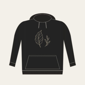 Single-Line Leaf Drawing Hoodie in black: One unbroken cream line sketches a graceful leaf, answered by a small sprig on the reverse side.
