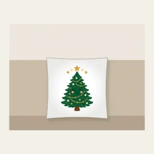 Little Pine and Five Stars Pillow in white: A friendly stylised pine tree with five small stars above it in cream and gold.