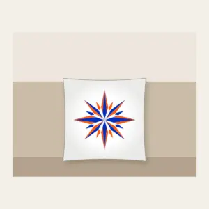 Cobalt Starburst Pattern Pillow in white: A starburst pattern in cobalt and orange over a cream field.