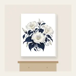 Night-Blooming Moonflowers over Navy Canvas Print in white: Moonflowers in cream and silver glow over a navy ground.