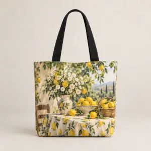 Lemon Market Tote Bag with front print of a market table with lemons and flowers in lemon, cream and green, Black Handles type