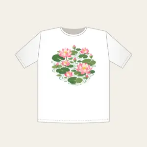 Lotus Blooms over Pond Ripples T-Shirt in white: Lotus blooms float above pond ripples in pink, green and cream.