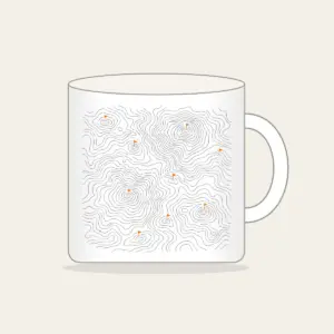 Topographic Lines and Trail Markers Mug in white: Topographic lines in grey with small orange trail markers.