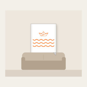 Paper Boat on Ripples Fleece Blanket in white: A folded paper boat on three ripple lines in white and orange.