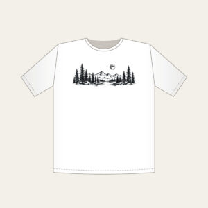 Pine Tree Line and Crescent Moon T-Shirt in white: A single-tone pine tree in line drawing with a small moon curled around it.