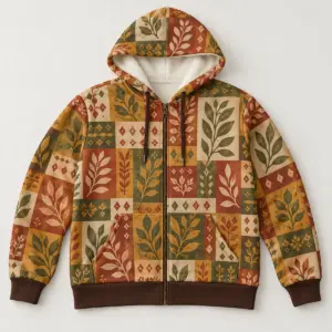 Autumn Quilt Fleece Hoodie with Waistband with a flat printed patchwork pattern of leaves and small diamonds in rust, mustard and olive, the waistband in a solid deep brown
