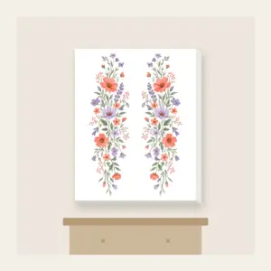 Drifting Wildflowers in Coral and Lilac Canvas Print in white: Wildflowers in coral, lilac and sage drift in long lines across the artwork.