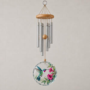 A six-tube wind chime with a printed hummingbird glass wind catcher at the bottom.