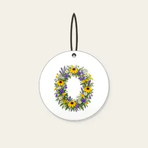 Oval Wildflower Wreath Ceramic Ornament in white: A bold oval wildflower wreath in yellow, purple and green sits at the centre.
