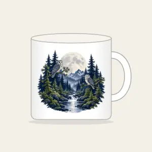 Moonlit Pine Forest with Owls Mug in white: A moonlit forest of pines and owls in navy, silver and moss beneath a large pale moon.