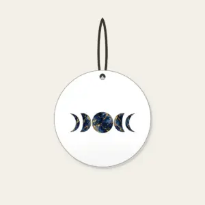 Gold-Veined Navy Marble with Moon Phases Ceramic Ornament in white: A marbled navy field with gold veining and a row of five moon phases in the center.