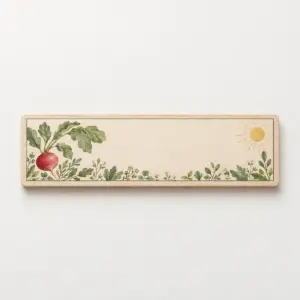 Radish and Sun Garden Strip Tag with horizontal strip illustration about 4:1: a small red radish with green leaves at the left end, a small round sun at the right end, and clear whitespace between them, cream background and thin border