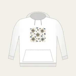 Compass Roses and Pennants Hoodie in white: Compass roses and pennants repeat in navy, gold and cream.