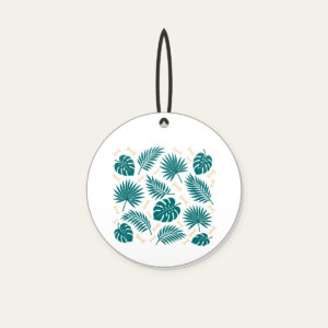 Palm Leaves and Little Bones Ceramic Ornament in white: Palm leaves and small bones in teal and cream, scattered all over.