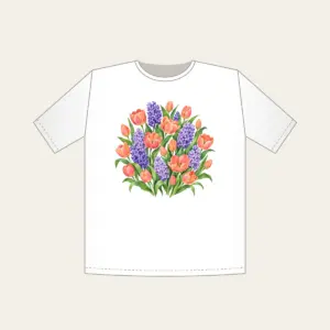 Tulip and Hyacinth Beds T-Shirt in white: Painterly flower beds of tulips and hyacinths in coral, violet and green on pale cream.