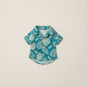 Pup Palm Camp Shirt with all-over palm leaves and small bones in teal and cream