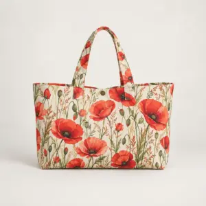 Poppy Field Large Tote with all-over poppies and tall grasses in red, coral and olive on cream