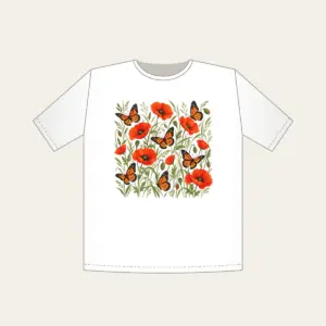 Butterflies Among Poppies T-Shirt in white: Orange-and-black butterflies drift between poppies and tall grasses on a cream ground.