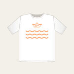 Paper Boat on Ripples T-Shirt in white: A folded paper boat on three ripple lines in white and orange.