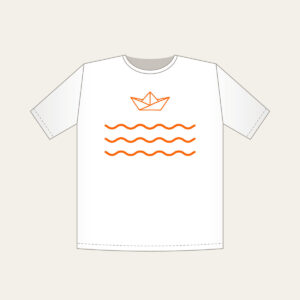 Paper Boat on Ripples T-Shirt in white: A folded paper boat on three ripple lines in white and orange.