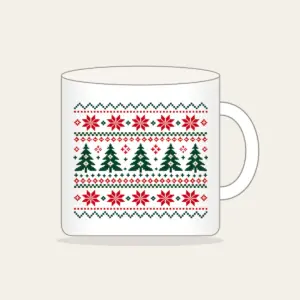 Fair Isle Pines and Stars in Red Mug in white: Knit-inspired rows of pines and stars in red, cream and green repeat in tidy bands.