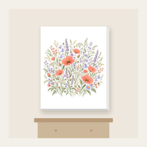 Coral and Lilac Wildflower Meadow Canvas Print in white: Wildflowers and swaying grasses in coral, lilac and sage spread across a cream ground.